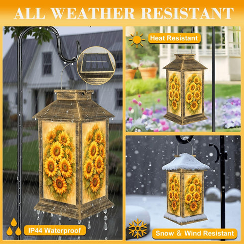 DERUINVAIO Solar Lantern Outdoor Waterproof Vibrant Sunflower Bouquet Golden Petals Green Leaves Garden Decor LED