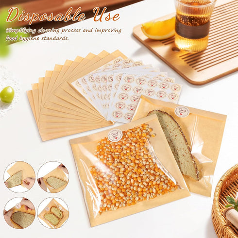 200 Packaging, 19x18cm Pcs Small Kraft Paper Bread Bags with Window, Food-grade Bakery Snack Semi-coated Paper Bags