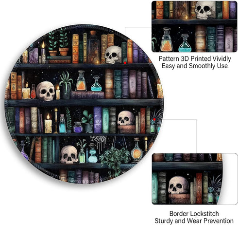 lebrocoli 8.6 8.6 inch Bookshelf and Skull Mouse Pad, Skeleton Goth Gothic Small Round Mousepads for Desk, Mini Travel