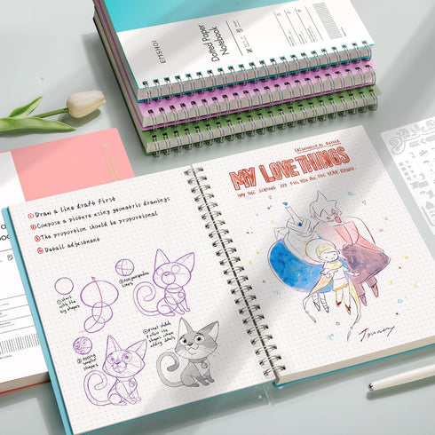 EMSHOI A4 Spiral Notebook - Bullet Dotted Journal, 11.2" X 8.27", 300 Pages, 100gsm Dot Grid Paper, Waterproof Softcover