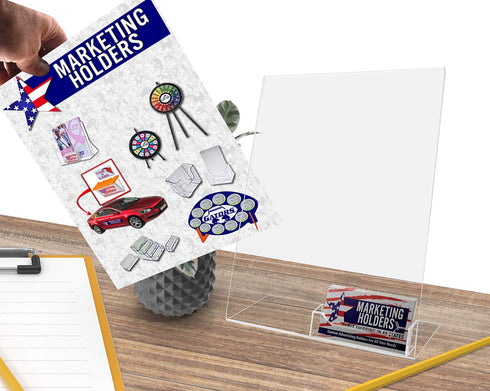 6 Pack 8.5" 11" 3.5" 2" Marketing Holders Acrylic Sign Holder x with x Business Card Pocket Slant Back Side Load Clear