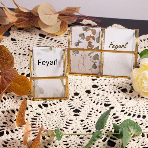 Feyarl Gold Glass Vertical Business Card Holder, Clear Name Card Display Stand for Office Meeting Desk