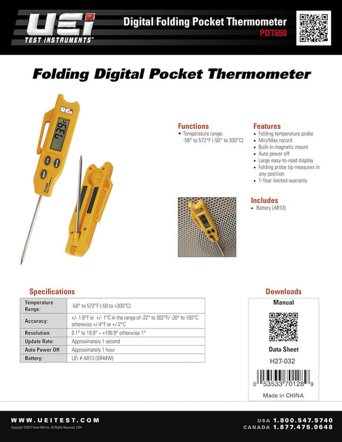 UEi Test Instruments PDT650 Folding Pocket Digital Thermometer, Yellow