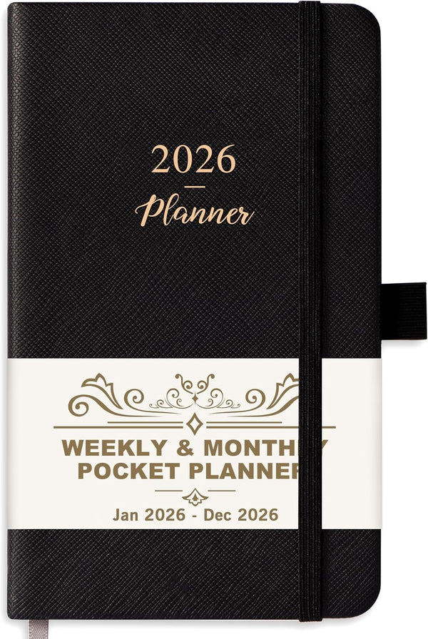Pocket Planner 2026, Jan - Dec 2026, Weekly & Monthly Calendar, 6.3''×3.8'', Pen Loop, Back Pocket, Elastic Closure