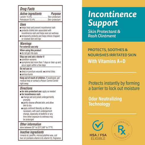 16 oz A+D Incontinence Support Skin Protectant & Rash Ointment Treats & Prevents Incontinence Rash, Soothes Chafed
