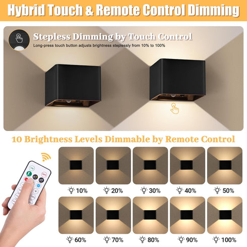 Yochoice 6000mAh 3 2-Pack Motion Sensor Wall Sconces with Remote Control, Black Wireless Touch Control Rechargeable