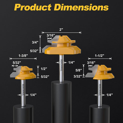 3 45 Set 1/4" 1/2", 5/8", 3/4", Professional PCS Degree Lock Miter Router Bit - Carbide Tipped, Shank, Cutting Height: