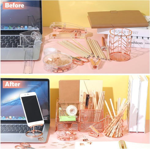 Rose Gold Office Supplies, Mesh Desk Organizers with Tape Holder, Stapler, Pen Holder, and More for Office