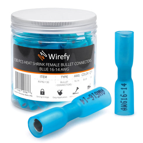 130 PCS Wirefy Heat Shrink Female Bullet Connectors, Electrical Bullet Butt Terminals for 16-14 AWG
