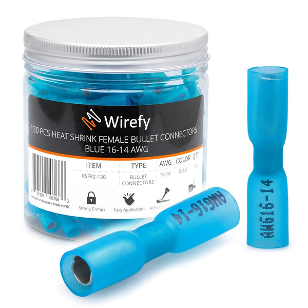 130 PCS Wirefy Heat Shrink Female Bullet Connectors, Electrical Bullet Butt Terminals for 16-14 AWG