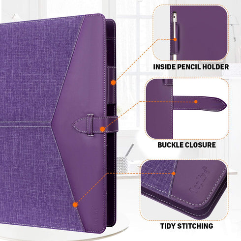Toplive Padfolio 3 Ring Binder Organizer - A4/Letter Size PU Leather Business Portfolio Folder for Women, Purple