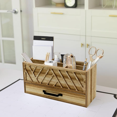 BLU MONACO Natural Wood Desktop Pen Organizer - Stylish Pen Holder with Drawer for Office and Art Supplies