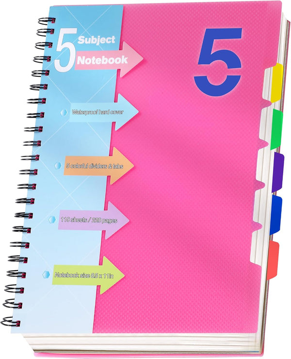 CAGIE 8.5 x 11 Spiral Notebook - 220 Pages Hardcover 5 Subject College Ruled Notebook with Removable Dividers for School