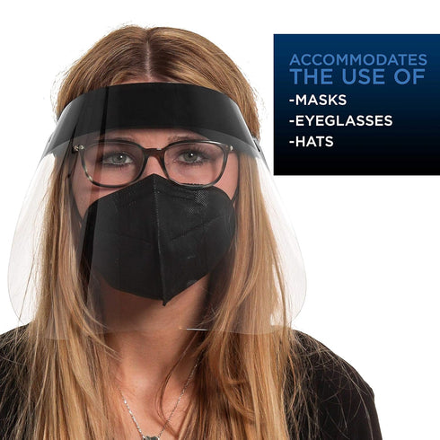 (Pack 4) Salon World Safety Black Face Shields - Ultra Clear Protective Full Face Shields to Protect Eyes, Nose