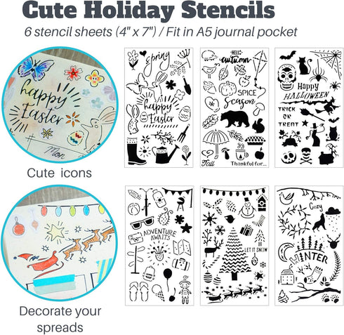 Seasons & Holidays Planner Stickers & Stencils, 22 Sheets Cute Stickers and 6 Stencils for Journals Scrapbooks