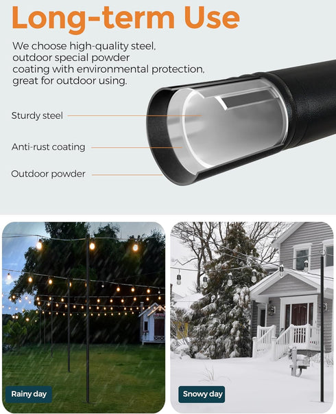 2 Pack 5-Prong (10FT) FLP02B LANDVOI Metal String Light Poles for Outside Hanging - Backyard, Garden, Patio, Lighting