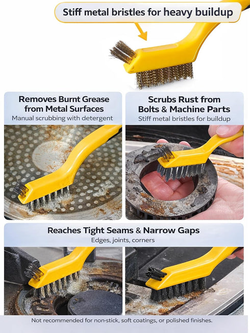 Set 6-Piece Wire Brush for Rust, Paint & Detail Cleaning Brass, Stainless Steel & Nylon Brushes with Curved Handle
