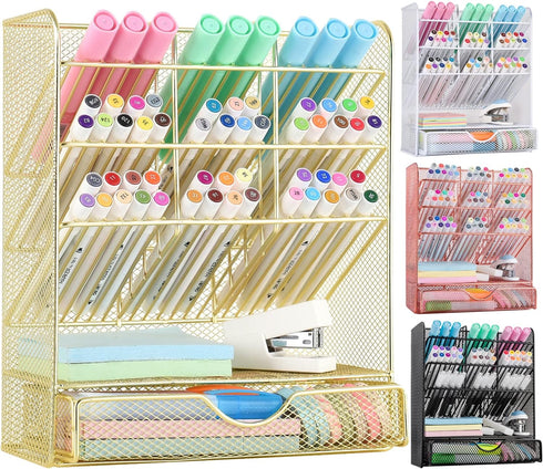 Spacrea Mesh Pen Organizer, Pencil Holder for Desk, Desk Organizer with Drawer for School, Home, Art Supplies, Gold
