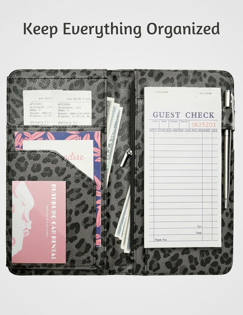 5"9" Server Book for Waitress Book with Zipper Pocket and Magnetic Closure, Grey Leopard Cute Server Wallet with Money