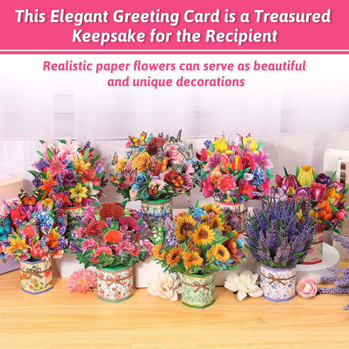8 Pack 3D Paper Flower Pop Up Cards, Flower Bouquet Card Popup Greeting Cards for Mother's Day, Graduation