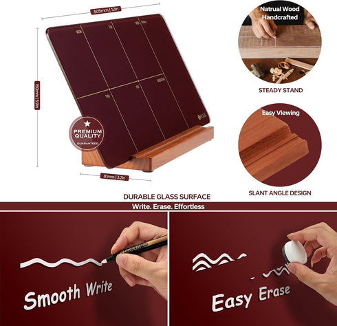 Desk Weekly Glass Dry Erase Board with Detachable Wood Stand, Burgundy Red, Small Calendar To Do List Planner
