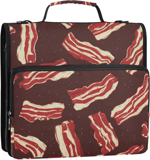 Fisyme 3 Bacon Pattern Zipper Binder Ring with Zipper and Shoulder Strap Large Capacity Multi-Pocket Binder Organizer