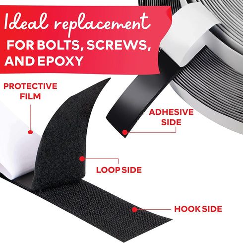 Hook and Loop Tape, Black, 1 inch x 10ft, Heavy Duty Industrial Strips with Adhesive