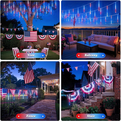 8 144 4th JMEXSUSS Red White and Blue Solar Lights, Tube LEDs Patriotic Solar Meteor Shower Lights Waterproof