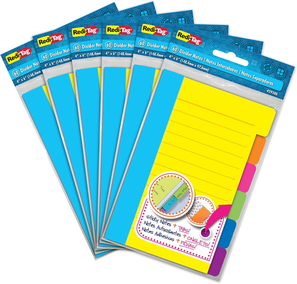 Redi-Tag Divider Sticky Notes, Tabbed Self-Stick Lined Note Pad, 60 Ruled Notes, 4 x 6 Inches, Assorted Neon Colors