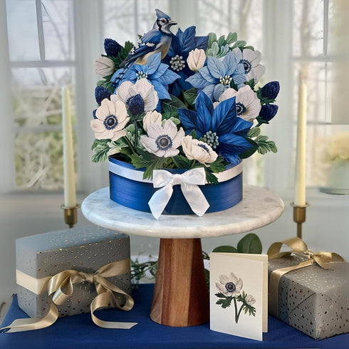 Poinsettia, 10 Inch 3D Freshcut Paper Pop Up Cards, Blue Life Sized Forever Flower Bouquet Popup Greeting Cards