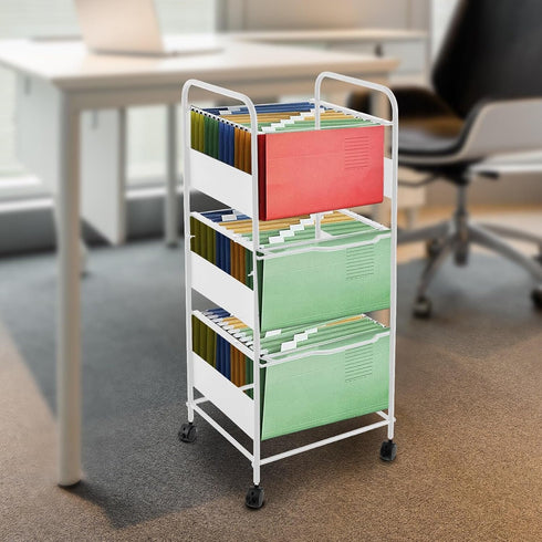 trggvvrt 3 Tiers Metal Rolling File Carts with Wheels, Rolling Hanging File Folder Cart, Metal Pull-Out File Rack