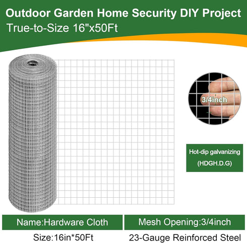 TNELTUEB 16in 50Ft 3/4inch 23 x Hardware Cloth Hot-Dip Galvanized Welded Wire Mesh - Heavy Duty Gauge Chicken Wire