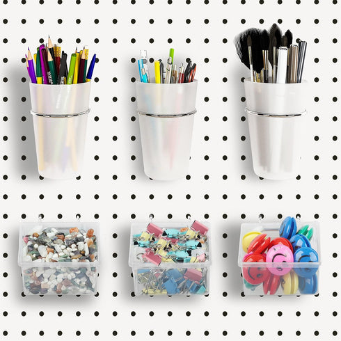 Kuhome 6 Sets Pegboard Bins and Cups with Hooks for Organizing Craft Tools, Transparent Storage for Garage