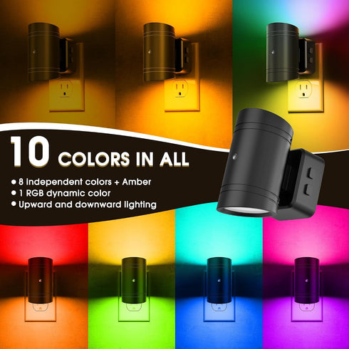 10-Color Kids,180 Gift-2 Pack Briignite Night Lights Plug into Wall, Changing RGB Night Light for Rotatable Plug