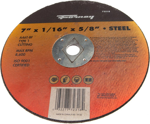 Forney 72318 Cut-Off Wheel, Type 1 Metal with 5/8-Inch Arbor, A46T-BF, 7-Inch x 1/16-Inch