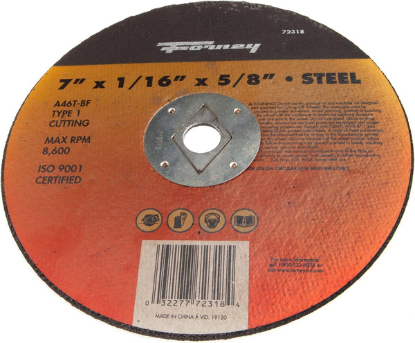 Forney 72318 Cut-Off Wheel, Type 1 Metal with 5/8-Inch Arbor, A46T-BF, 7-Inch x 1/16-Inch