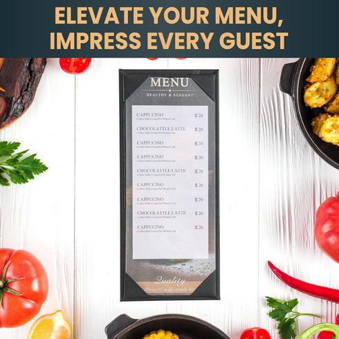 6 Pack 1 4.25" 11" View Menu Holder Menu Covers x | Black PU Leather Menu Sleeves Book Style for Restaurant Coffee Bars