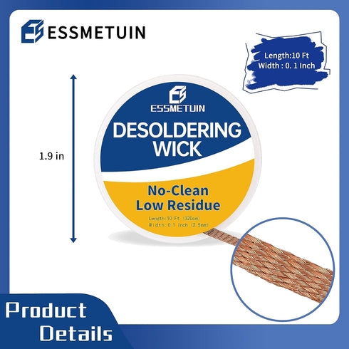Essmtuin 10Ft Solder Wick Braid with Flux, 2 Roll No-Clean Desoldering Wick for Electrical Components