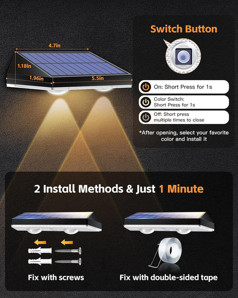 6 500mAhBattery,Solar lP65 (4-Pack) Solar Fence Lights Outdoor, Waterproof LED,RGB Color Mode Solid Monochrome