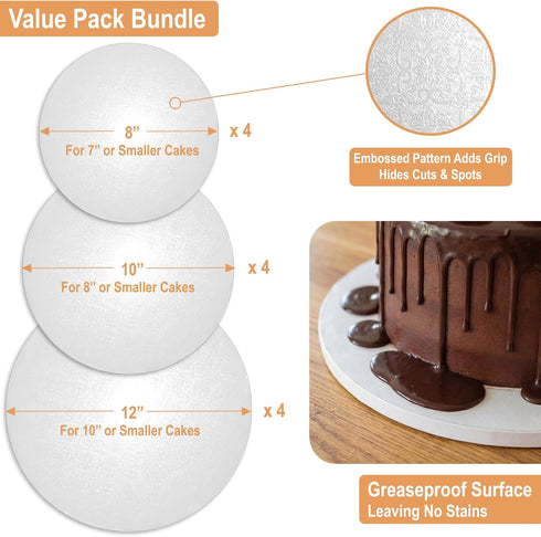 8, 10 12 Inch (3 12 Pack 1/2" Sleek Cake Board Drum & Sizes, Total) | Free Prop Up Tool | Thick Cake Board Rounds |