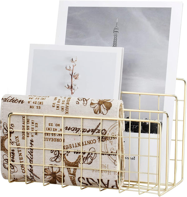 Metal Wire Desktop Mail Organizer, File Sorter, Magazine Rack for Letters, Mails, Books, Postcards (3 Slot, Gold)