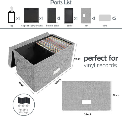Vinyl Record Storage Box Set of 2, Grey Case with Lid Holds up to 160 Albums, CD Crate Organizer for 7"/45 RPM LPs