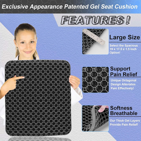Tailbone 19in Seat Cushion, Gel Seat Cushion for Long Sitting Back, Sciatica, Pain Relief Pad, Seat Pad for Car, Office