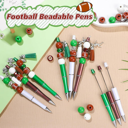 NEWEST 12 Pieces Sports Beadable Pens Plastic Football Bead Pens Included 48 Beads 12 Tassels 12 Pendants Football Beads Pen DIY Making Kit Beadable Ballpoint Pen for Gifts School Office Supplies