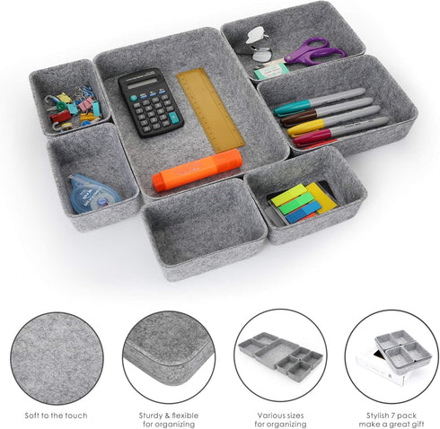 Welaxy Office Drawer Organizers, 7-Piece Felt Storage Bin for Stationery and Craft Sorting at Home or Dorm