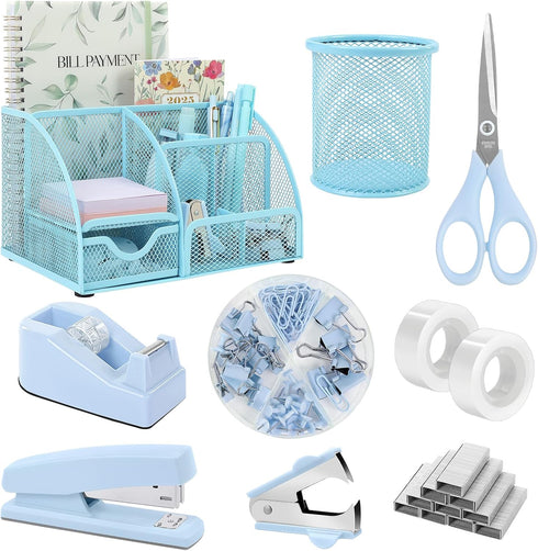 SKYDUE Blue Office Supplies Set, Office Desk Accessories, Mesh Desk Organizer, Stapler,