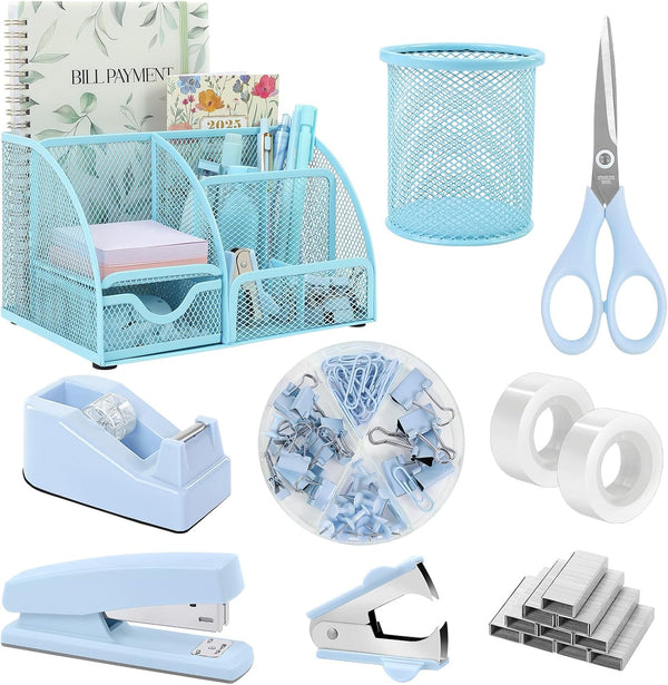 SKYDUE Blue Office Supplies Set, Office Desk Accessories, Mesh Desk Organizer, Stapler,