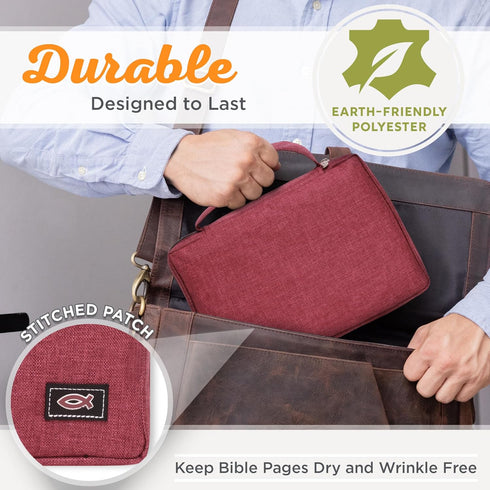 Christian Art Gifts Men/Women's Bible Cover Jesus Fish, Red Canvas, Medium