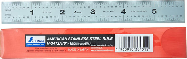 H-3412A 6" 150 mm Rigid English Metric Zero Glare Satin Chrome Stainless Steel Machinist Engineer Ruler with Graduations