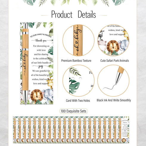 Zhanmai 100 Sets Safari Baby Shower Favors, Includes Bamboo Pens and Thank You Cards, Jungle Safari Decorations
